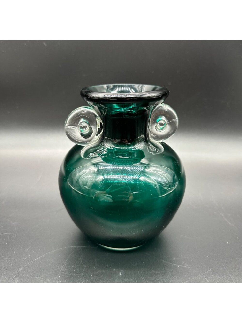 Art Glass Vase Forest Green Glass Clear Applied Handles Polished Bottom Handmade